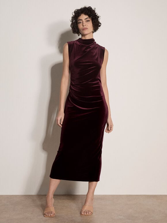 Velvet Bodycon Midaxi Dress, Burgundy, large