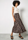 Leaf Print Tiered Midi Skirt, Brown, large