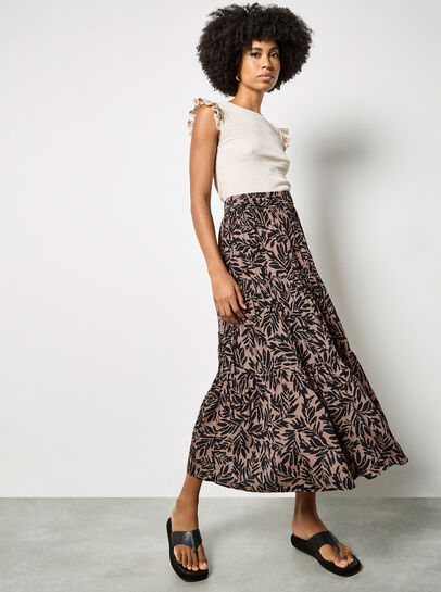 Leaf Print Tiered Midi Skirt