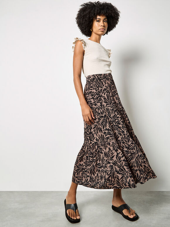 Leaf Print Tiered Midi Skirt, Brown, large