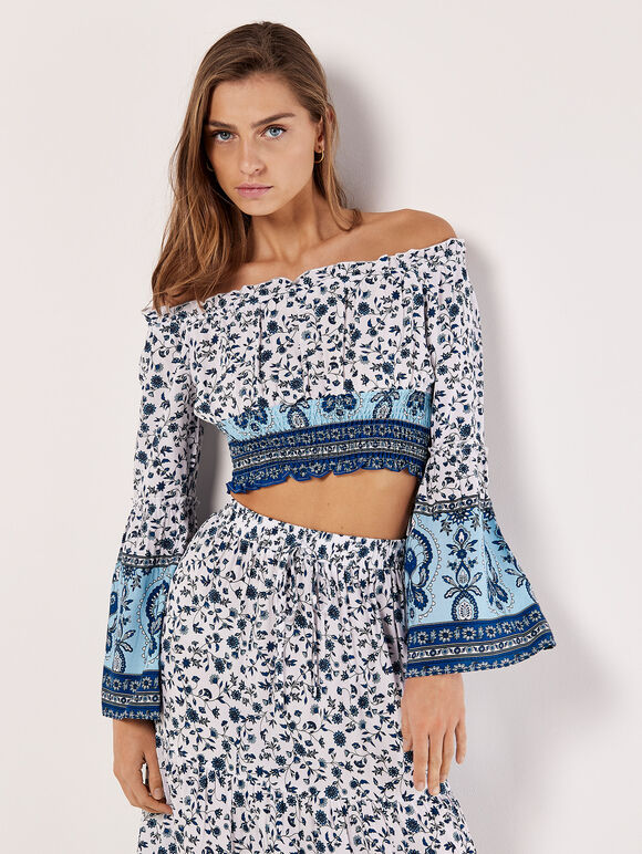 Sarasa Floral Cropped Milkmaid Top, Crème, grand