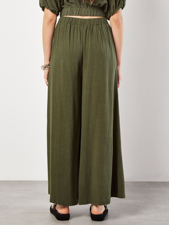 Linen Blend Palazzo Trousers, Khaki, large