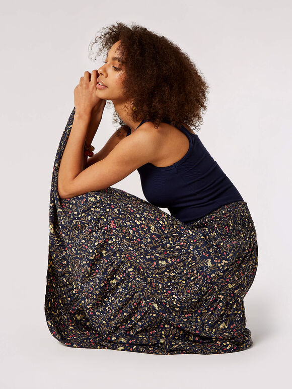 Floral Smock Maxi Skirt, Navy, large