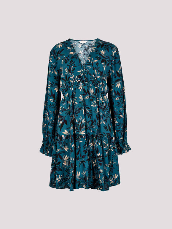Leaf Print Mini Dress, Teal, large