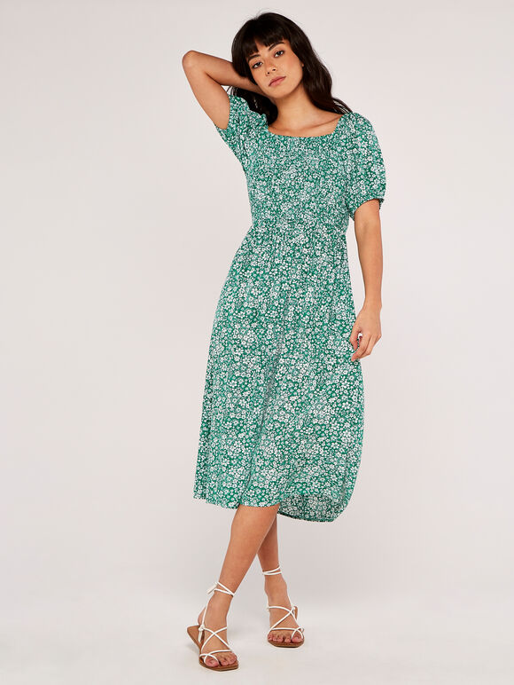 Ditsy Puff Sleeve Midi Dress Apricot Clothing