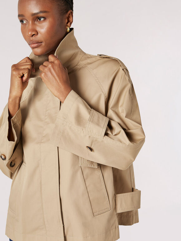 Short Cotton Trench Coat, Stone, large