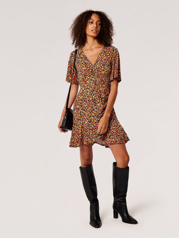 Ditsy Floral Wrap Mini Dress, Mustard, large