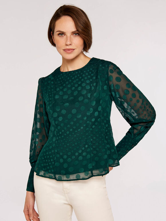 Jacquard Dot Chiffon Blouse, Green, large