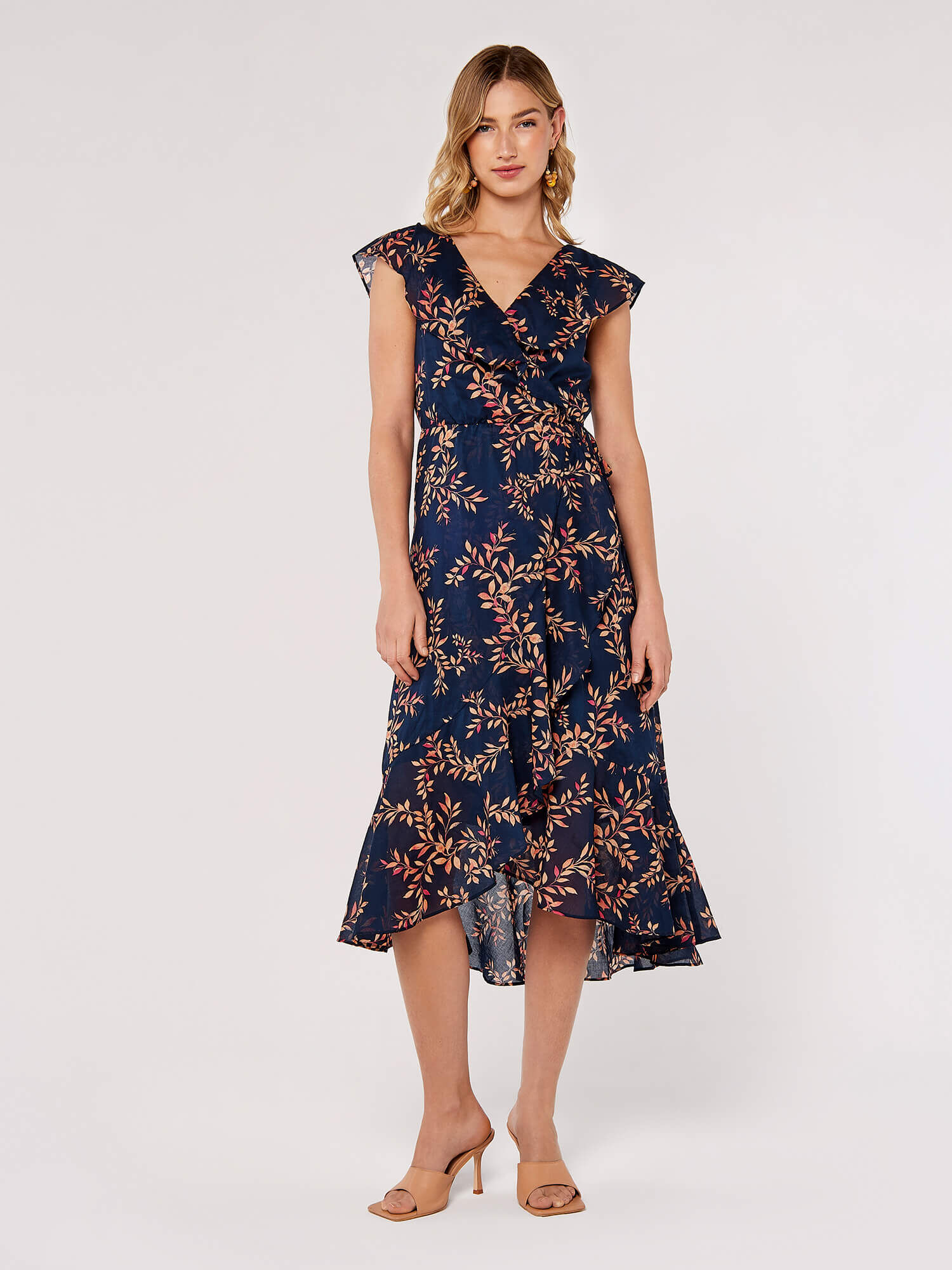 Leaf Ruffle Midi Dress Apricot Clothing