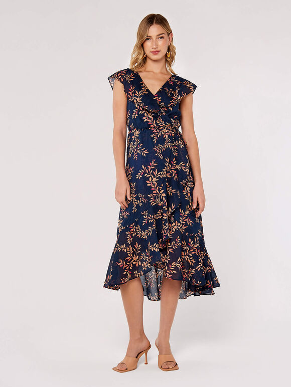 Leaf Ruffle Midi Dress, Navy, large