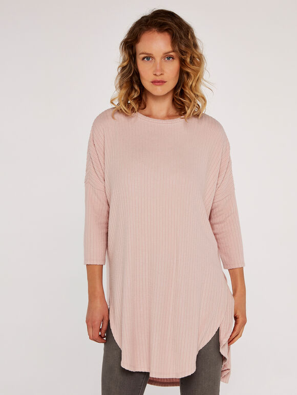 Ribbed Curved Hem Top, Pink, large
