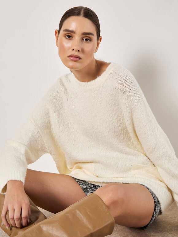 Oversized Boucle Patch Pocket Jumper, Cream, large