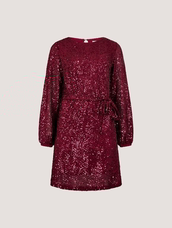 Chevron Sequin Belted Mini Dress, Burgundy, large