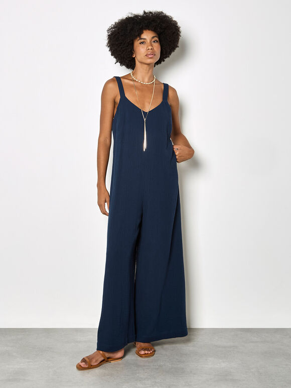 Wide-Leg Textured Cotton Jumpsuit, Navy, large