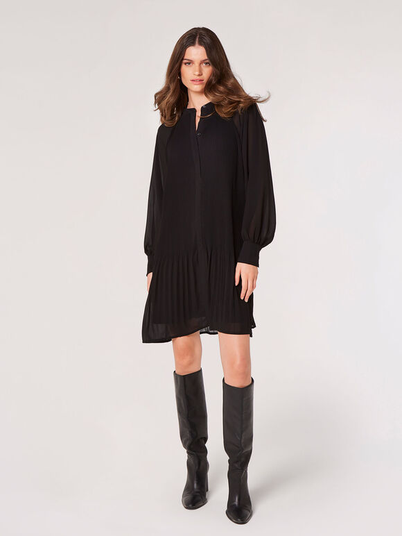 Plisse Chiffon Mini Dress, Black, large