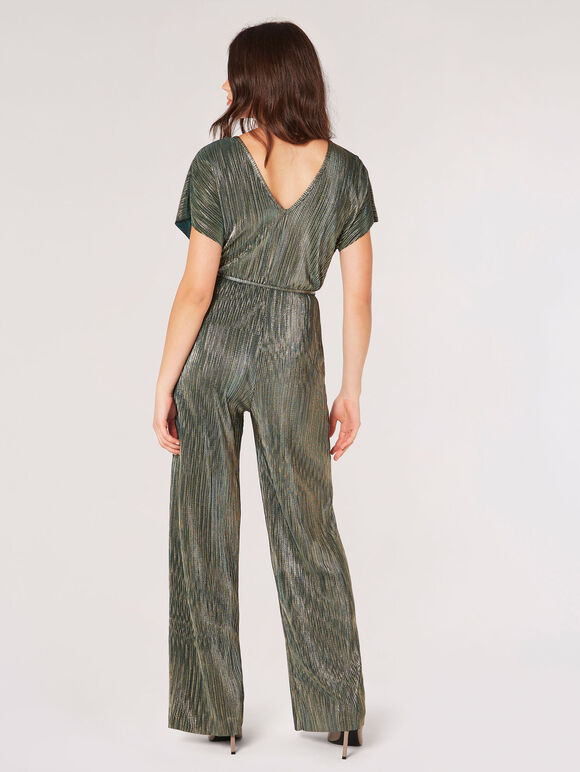 Metallic Plisse Wrap Jumpsuit, Green, large