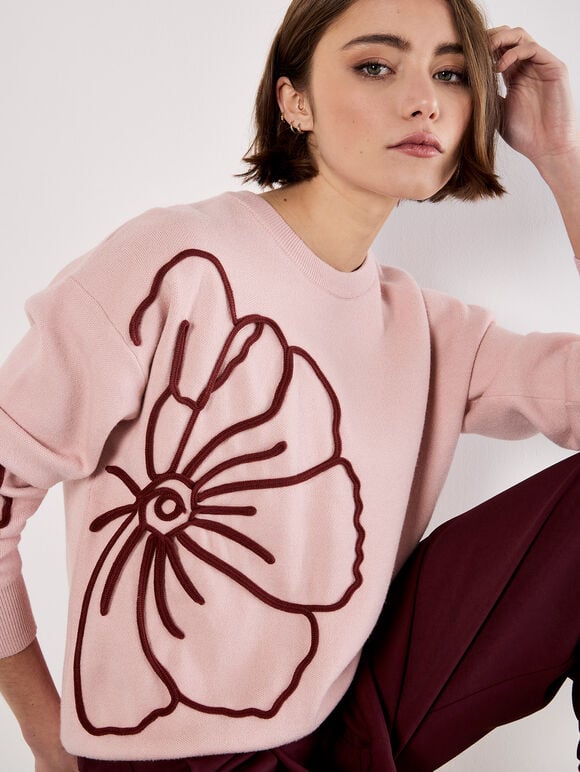 Large Embroidered Flowers Jumper, Pink, large