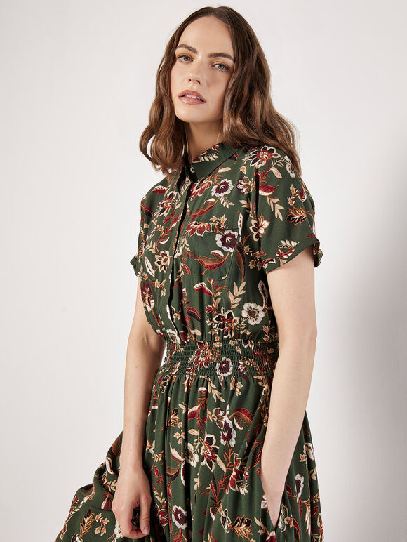 Sarasa Floral Shirt Midi Dress, Khaki, large