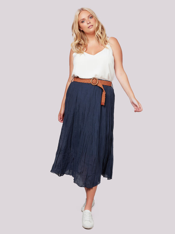 Shimmer Crinkle Belted Skirt, Navy, large