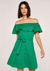 Ruffle Bardot Linen Dress, Green, large