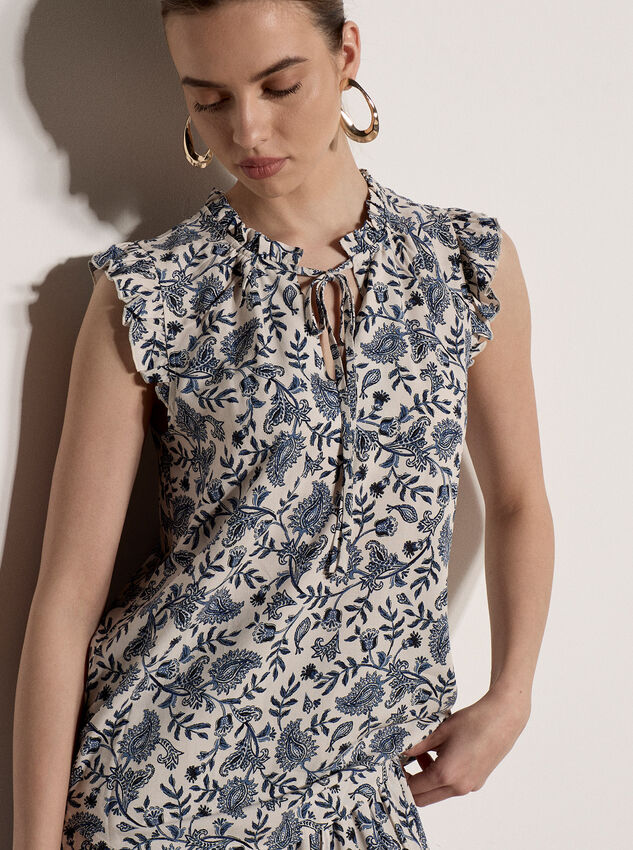 Painterly Paisley Ruffle Top, Cream, large