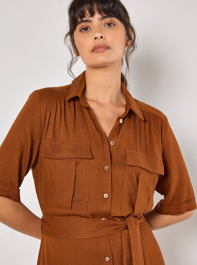 Linen Blend Utility Shirt Midi Dress
