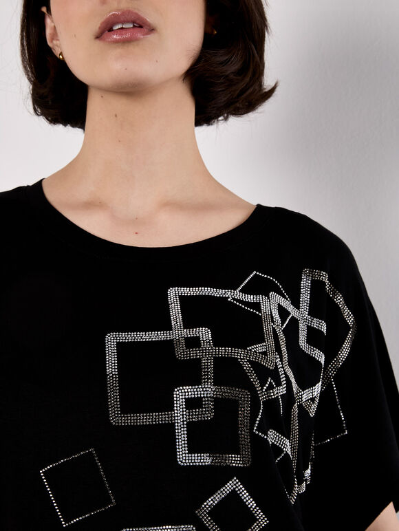 Scattered Squares Rhinestone T-Shirt, Black, large
