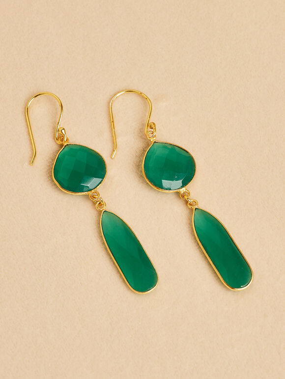 Gold Tone Green Stone Drop Earrings, Green, large