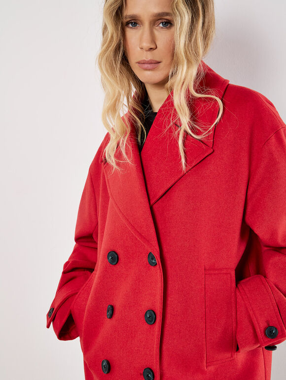 Tailored Double-Breasted Peacoat, Red, large