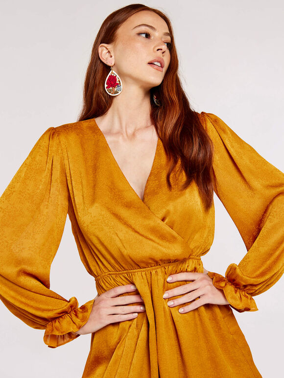 Floral Jacquard Wrap Dress, Mustard, large