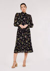 Floral Bouquet Smocked Midi Dress, Black, large