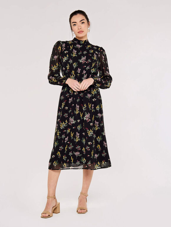Floral Bouquet Smocked Midi Dress, Black, large