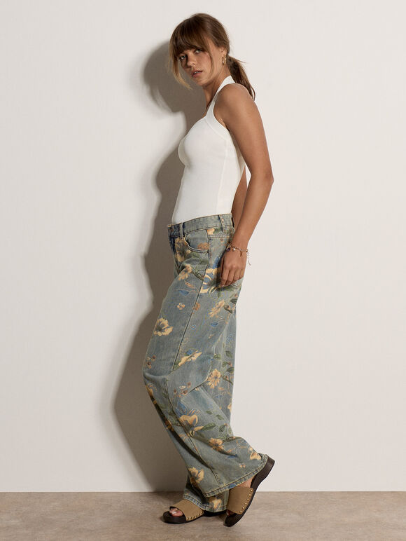 Floral Print Ankle-Length Jeans, Blue, large