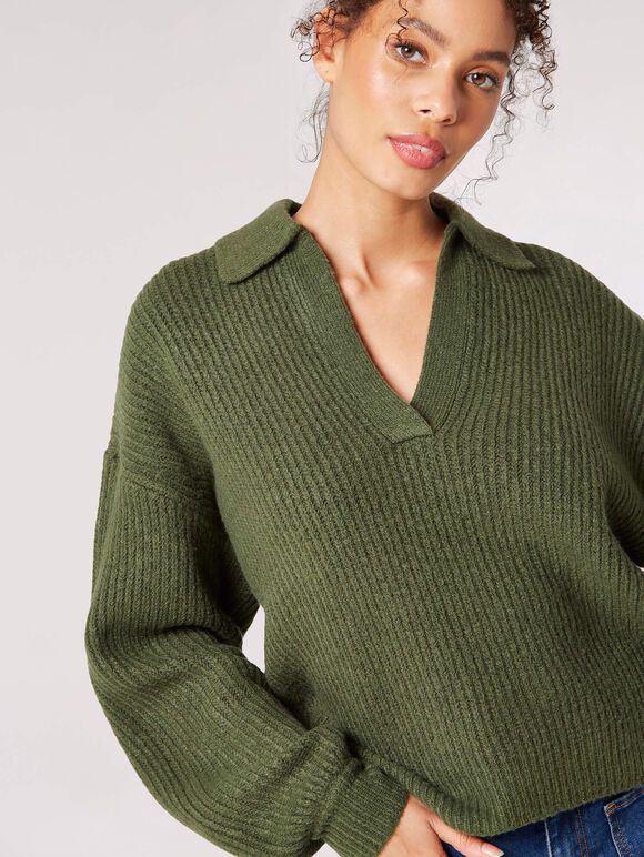 Collared Oversized Ribbed Jumper, Green, large