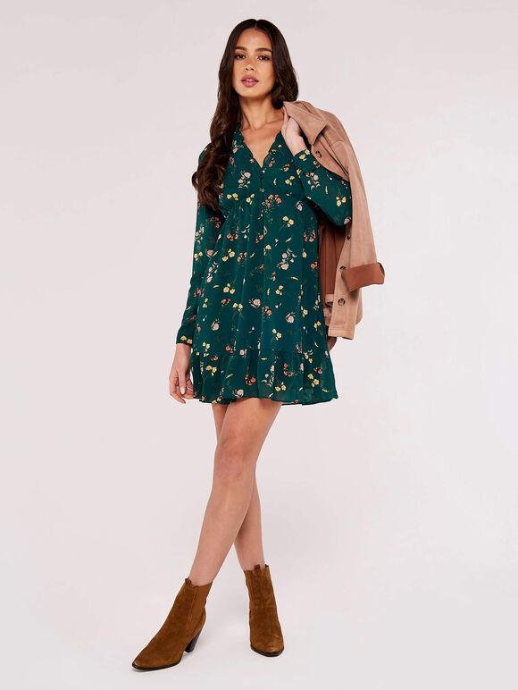 Botanical Ruffle Mini Dress, Green, large