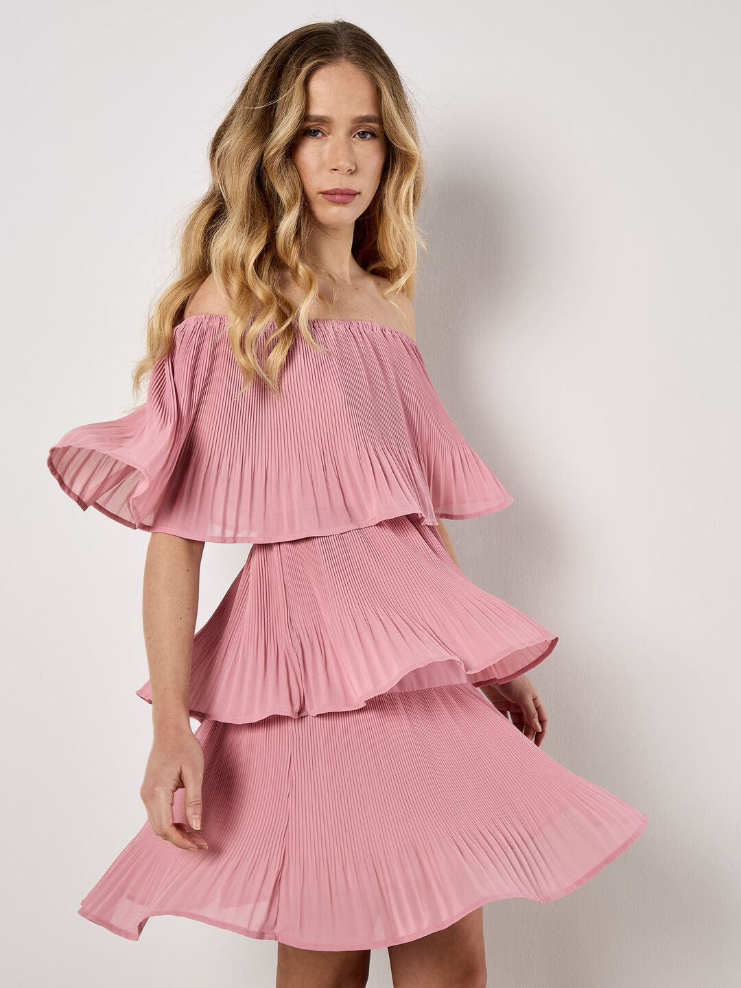 Plisse Tiered Bardot Mini Dress