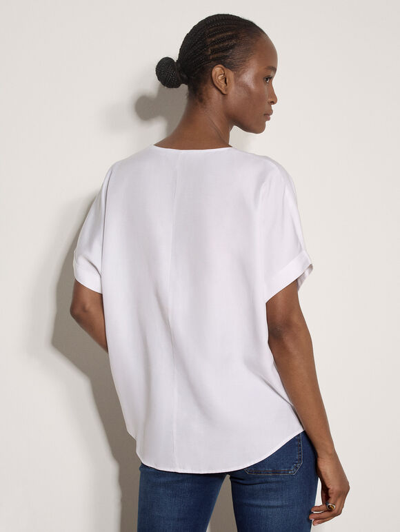 Pleated V-Neck Blouse, White, large