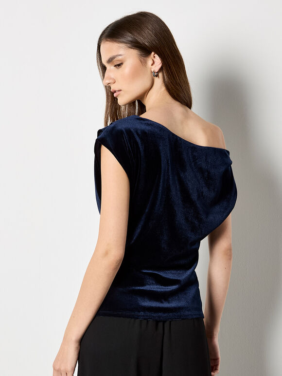 Draped One-Shoulder Asymmetric Velvet Top, Navy, large
