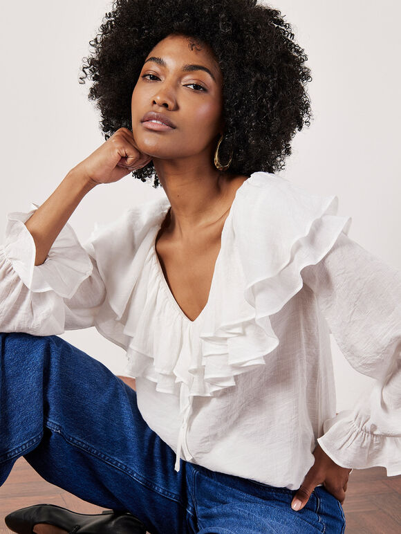 Ruffle Collar Blouse, White, large