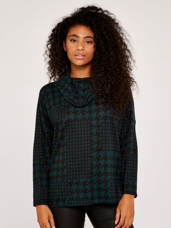 Patchwork Dogtooth Cowl Neck Top, Green, large
