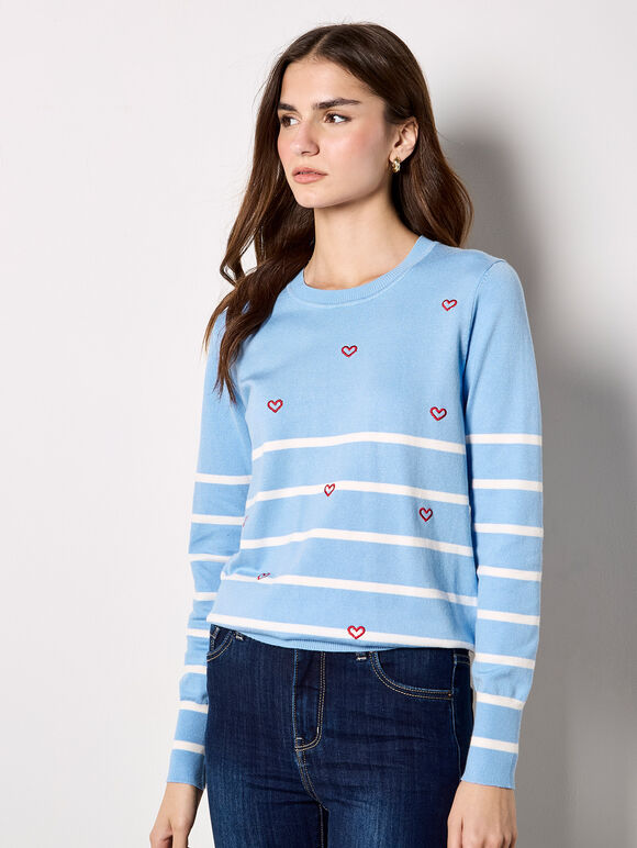 Stripe Embroidered Hearts Jumper, Blue, large