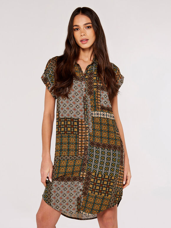 Patchwork Shirt Mini Dress, Green, large