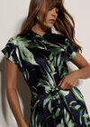 Tropical Leaf Satin Shirt Midi Dress, Navy, large