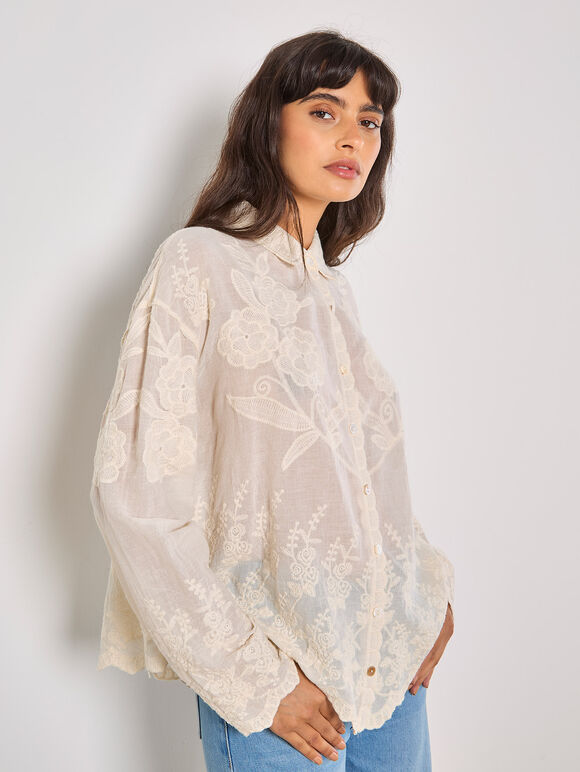 Floral Embroidered Cotton Shirt, Stone, large
