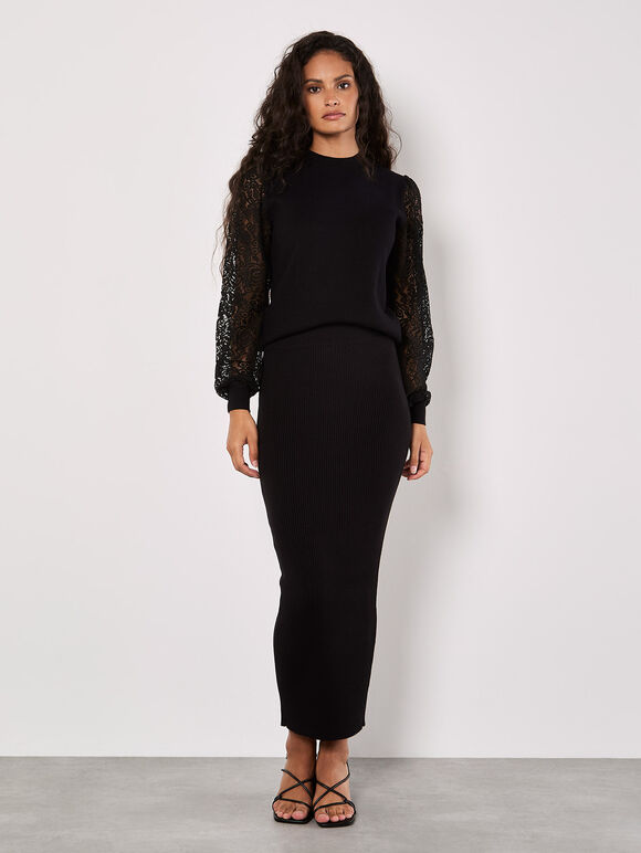 Ribbed Knit Maxi Skirt, Black, large