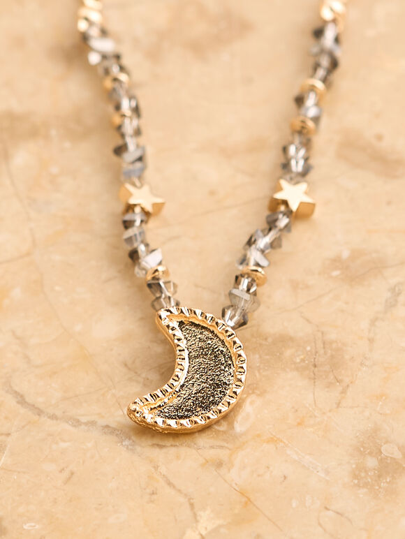 Gold Tone Stone And Moon Pendant Necklace, Gold, large