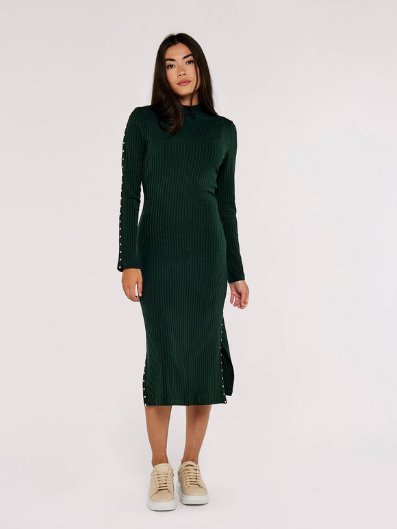 Rib Studded Midi Dress, Green, large