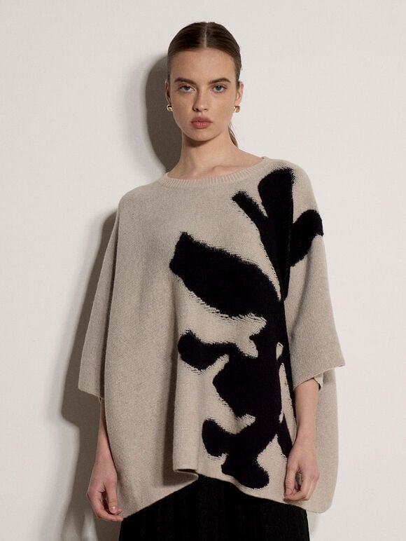 Abstract Flower Oversized Cape Jumper, Stone, large
