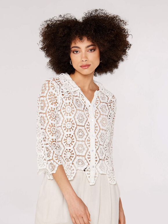 Geometric Cotton Crochet Shirt, White, large