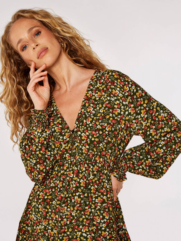 Ditsy Floral Tiered Mini Dress, Green, large